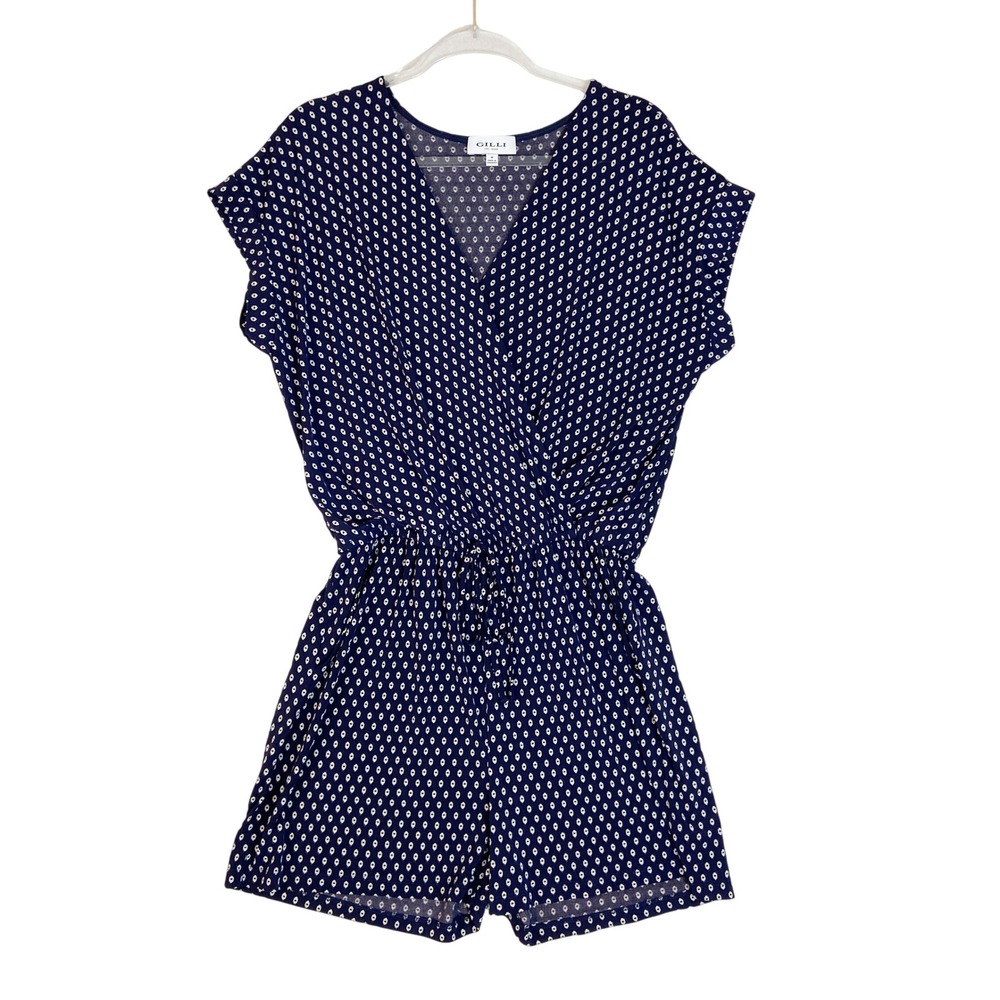 Gilli Romper Womens Medium Navy White Diamond‎ Surplice Vacation Stretch